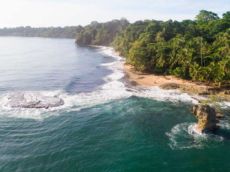 Vista aerea di una spiaggia tropicale e dell'oceano.
