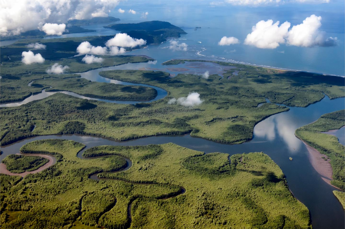 Vista aerea dei fiumi che si riversano nell'oceano