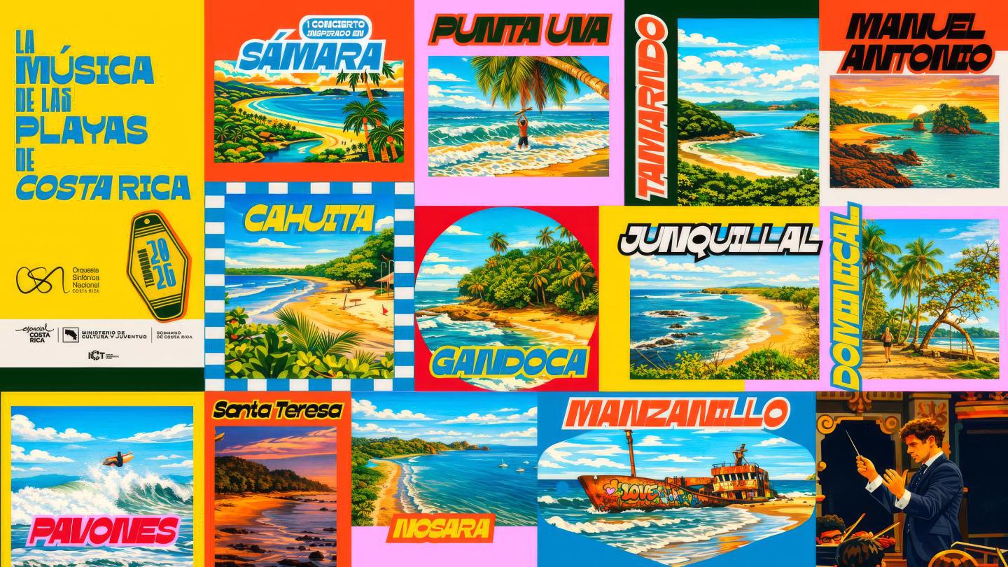 Un poster colorato intitolato "La música de las playas de Costa Rica" (La musica delle spiagge del Costa Rica), che raffigura scene illustrate di spiagge con i nomi delle località costiere (Sámara, Punta Uva, Tamarindo, Manuel Antonio, Cahuita, Gandoca, Junquillal, Dominical, Pavones, Santa Teresa, Nosara, Manzanillo) disposti come cartoline di concerti su uno sfondo vivace.
